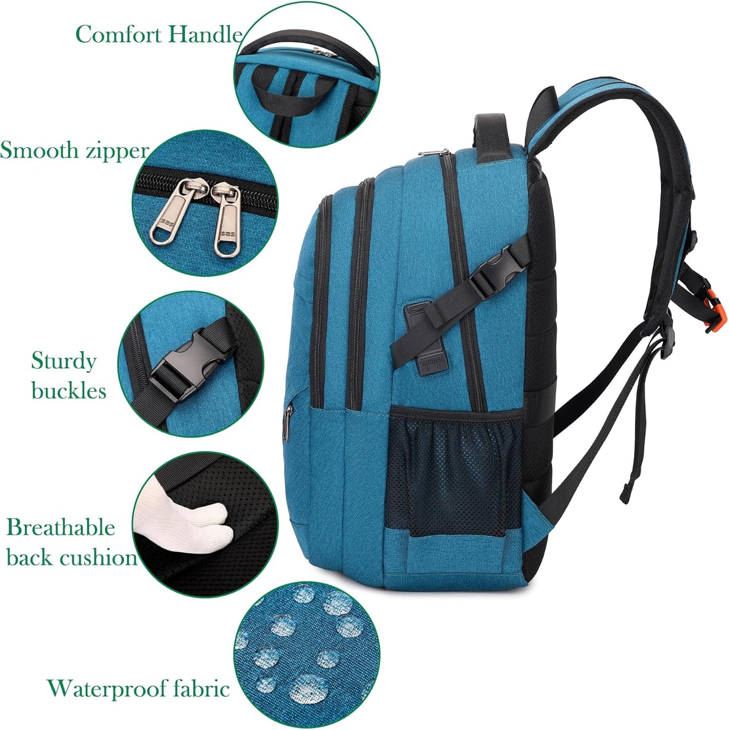 FENGDONG 17.3 inch Large Laptop Backpack Durable Waterproof Travel College Backpack Bookbag for Men & Women Business Backpack with USB Charging Port and Headset Port Light Teal