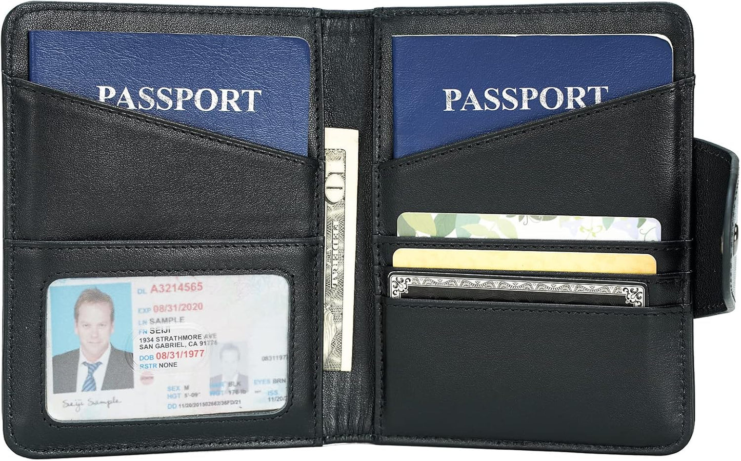 Polare Napa Leather Slim and Soft RFID Blocking wallet For Men Snap Bifold Travel Wallet Passport Holders 2 Passports (Black)