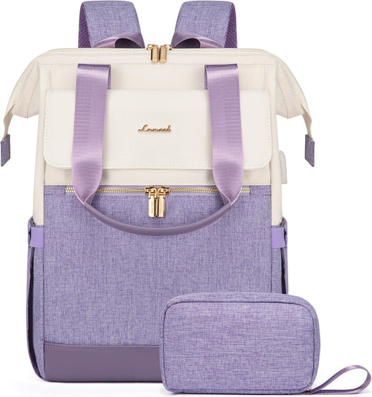 LOVEVOOK Laptop Backpack for Women, 15.6 Inch Work Laptop Bag with USB Port, Fashion Teacher Nurse Backpack Purse, Waterproof Travel Computer Backpack with Organizer Bag, 2PCS, Beige-Light Purple