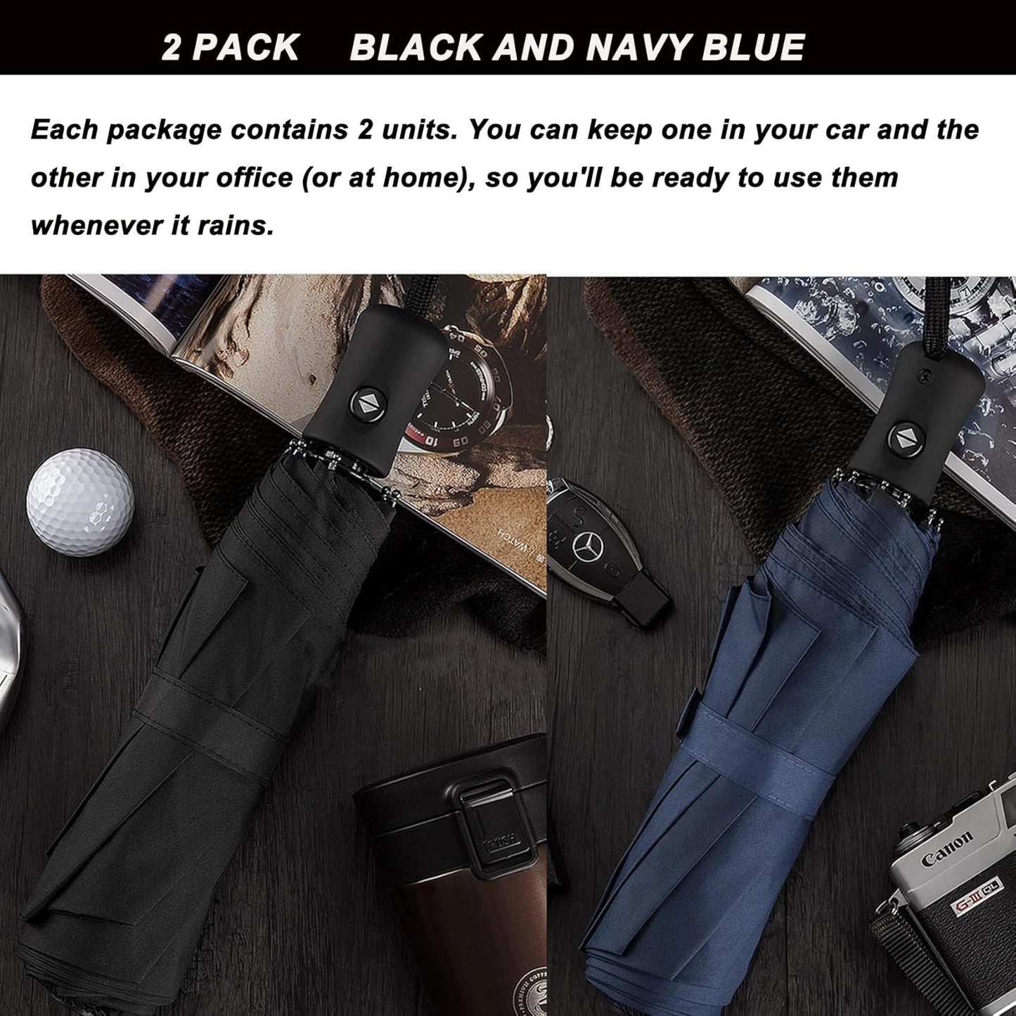SIEPASA Two Pack The Original Portable Travel Umbrella for Rain Windproof, Perfect Car Golf Umbrella, Backpack, and On-the-Go.(Black & Navy Blue, 2 Pack)