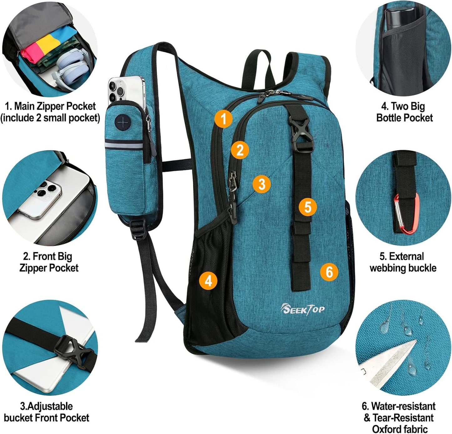 Seektop 15L Small Hiking Backpack for Women Men, Lightweight Hiking Packable Daypack with Phone Pocket for Travel Camping (Teal Blue, 15L)