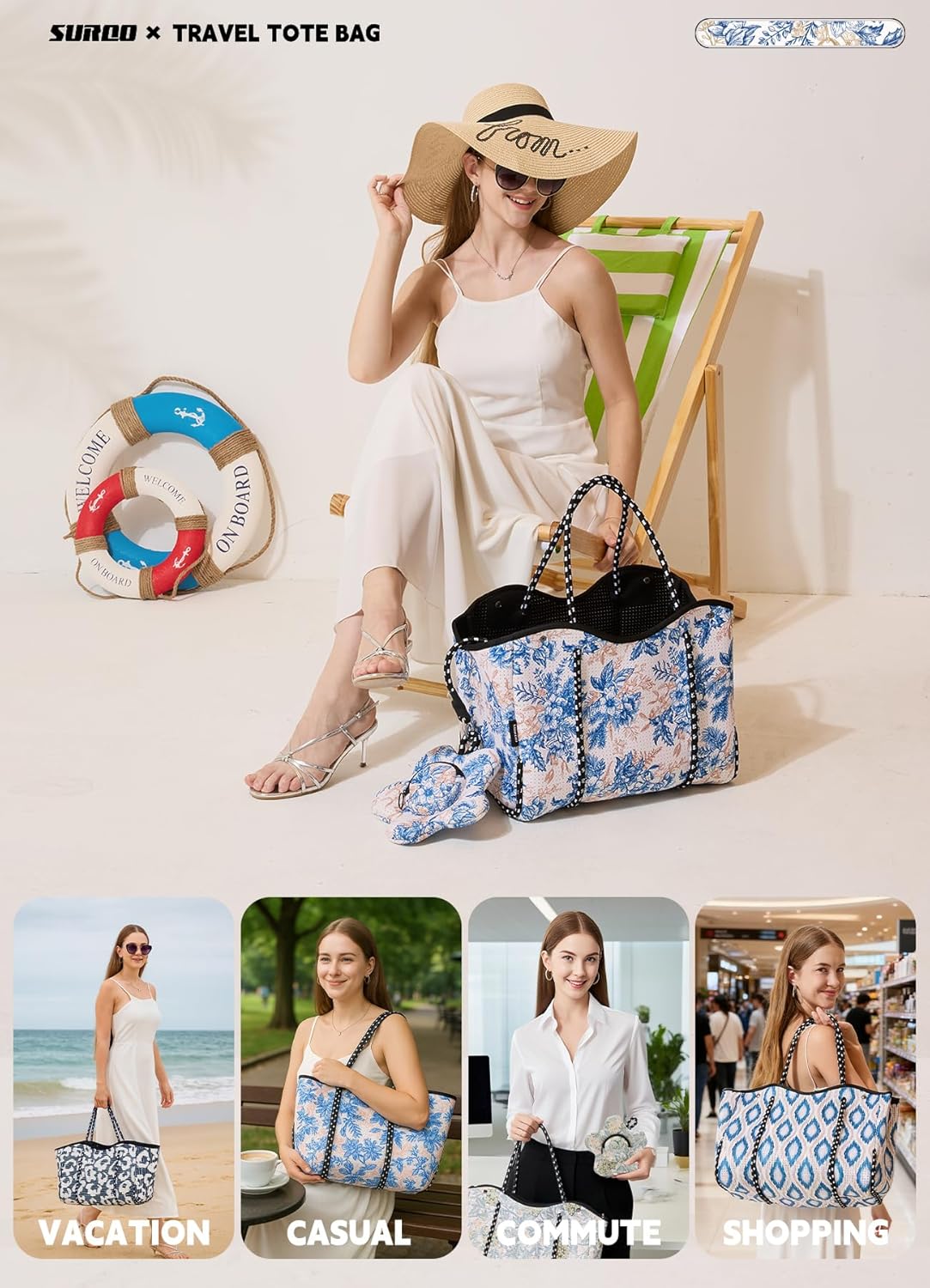 Neoprene Beach Bag for Women, Large Travel Tote Gym & Pool Bag, Detachable Pouch