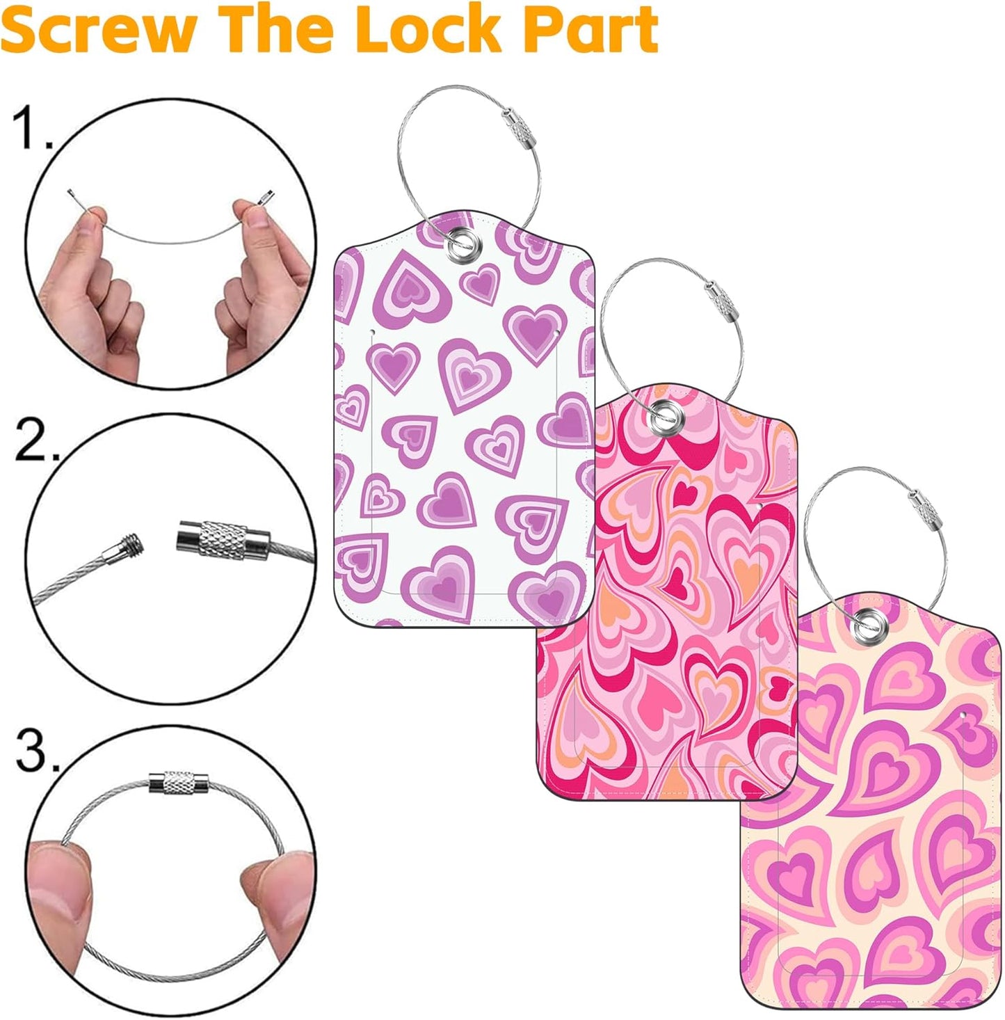 3 Pack PU Luggage Tags for Suitcase, Love Hearts Suitcase Tag Leather Privacy Cover ID Label with Stainless Steel Loop for Baggage Handbag School Bag Backpack