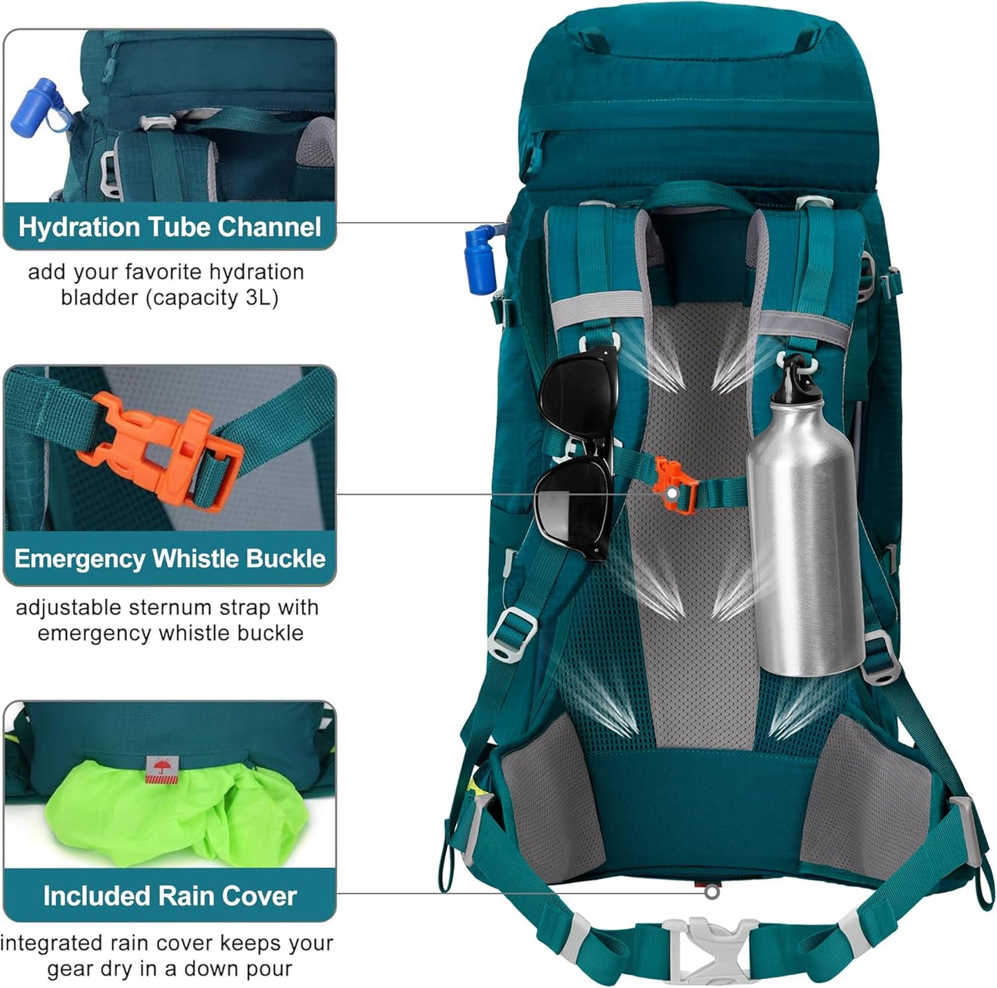 N NEVO RHINO Internal Frame Hiking Backpack 50/60/65/70/80L, Mountain Climbing Camping Backpack Daypack Waterproof Rain Cover
