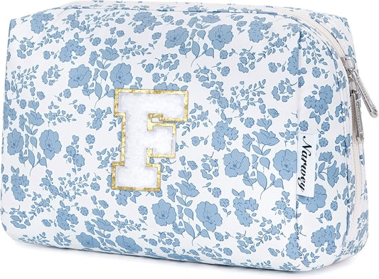 Narwey Birthday Gifts for Teen Girls Kids Women Personalized Initial Floral Makeup Bag Cute Cosmetic Trendy Stuff 6 8 10 11 12 13 14 16 18 Years Old Travel Toiletry Bag (Little Blue Flower F)
