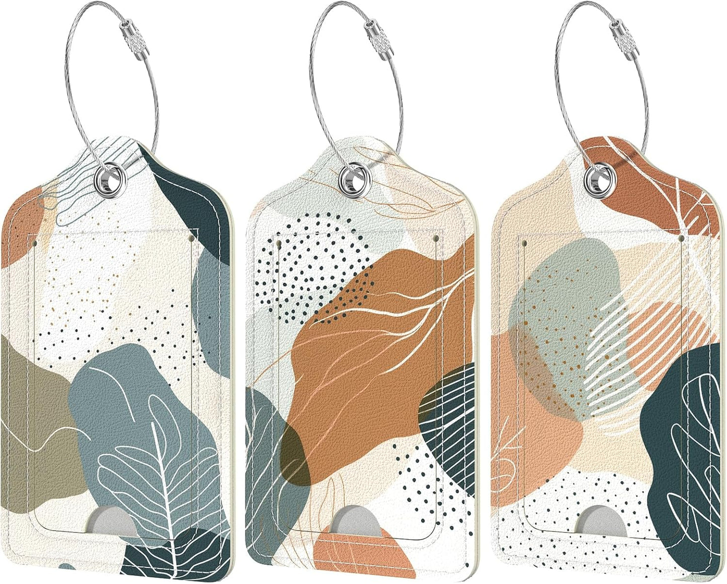 Rimilak 3 Pcs PU Leather Luggage Tags for Suitcase, Travel Cruise Luggage Tag with Privacy Flap, Name ID Label and Metal Loop for Women Men Baggage Handbag School Bag Backpack, White Leaves