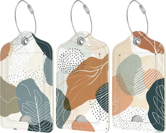 Rimilak 3 Pcs PU Leather Luggage Tags for Suitcase, Travel Cruise Luggage Tag with Privacy Flap, Name ID Label and Metal Loop for Women Men Baggage Handbag School Bag Backpack, White Leaves