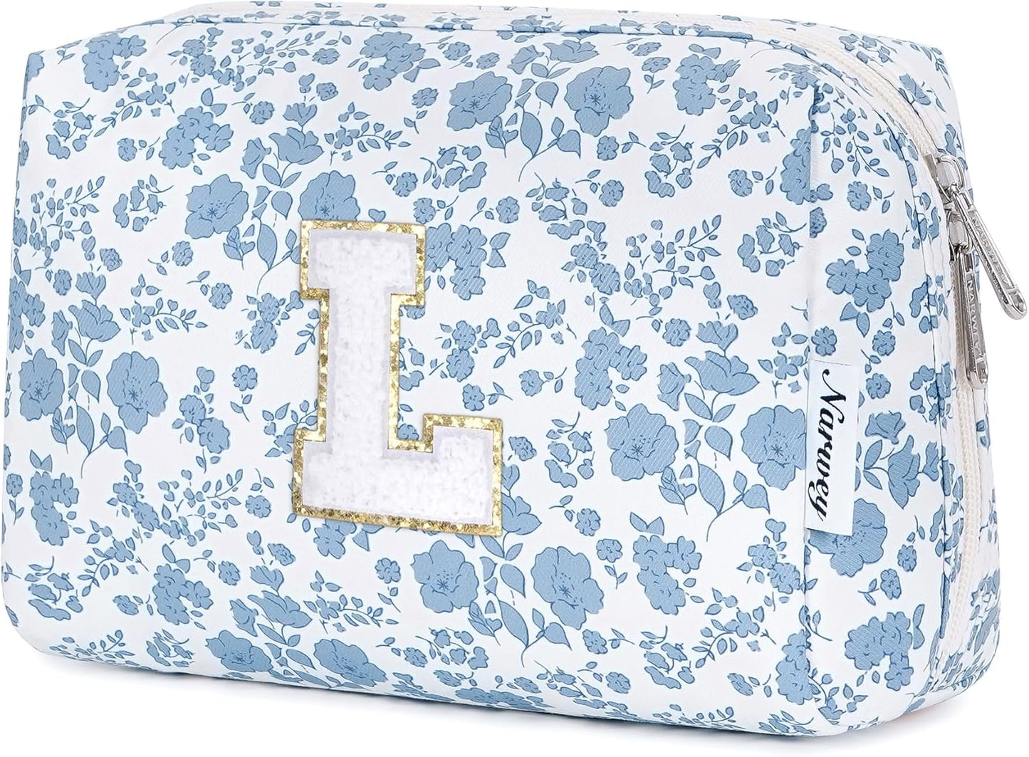 Narwey Birthday Gifts for Teen Girls Kids Women Personalized Initial Floral Makeup Bag Cute Cosmetic Trendy Stuff 6 8 10 11 12 13 14 16 18 Years Old Travel Toiletry Bag (Little Blue Flower L)
