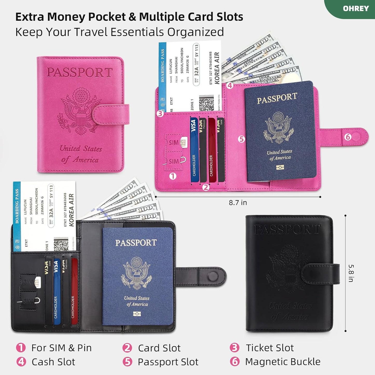 2 Pack Passport Holder for Travel with Luggage Tag Cover – RFID Blocking Passport Wallet Holder for Women & Men | PU Leather Passport Case with Money Pocket & Magnetic Clasp, Blac & Pink