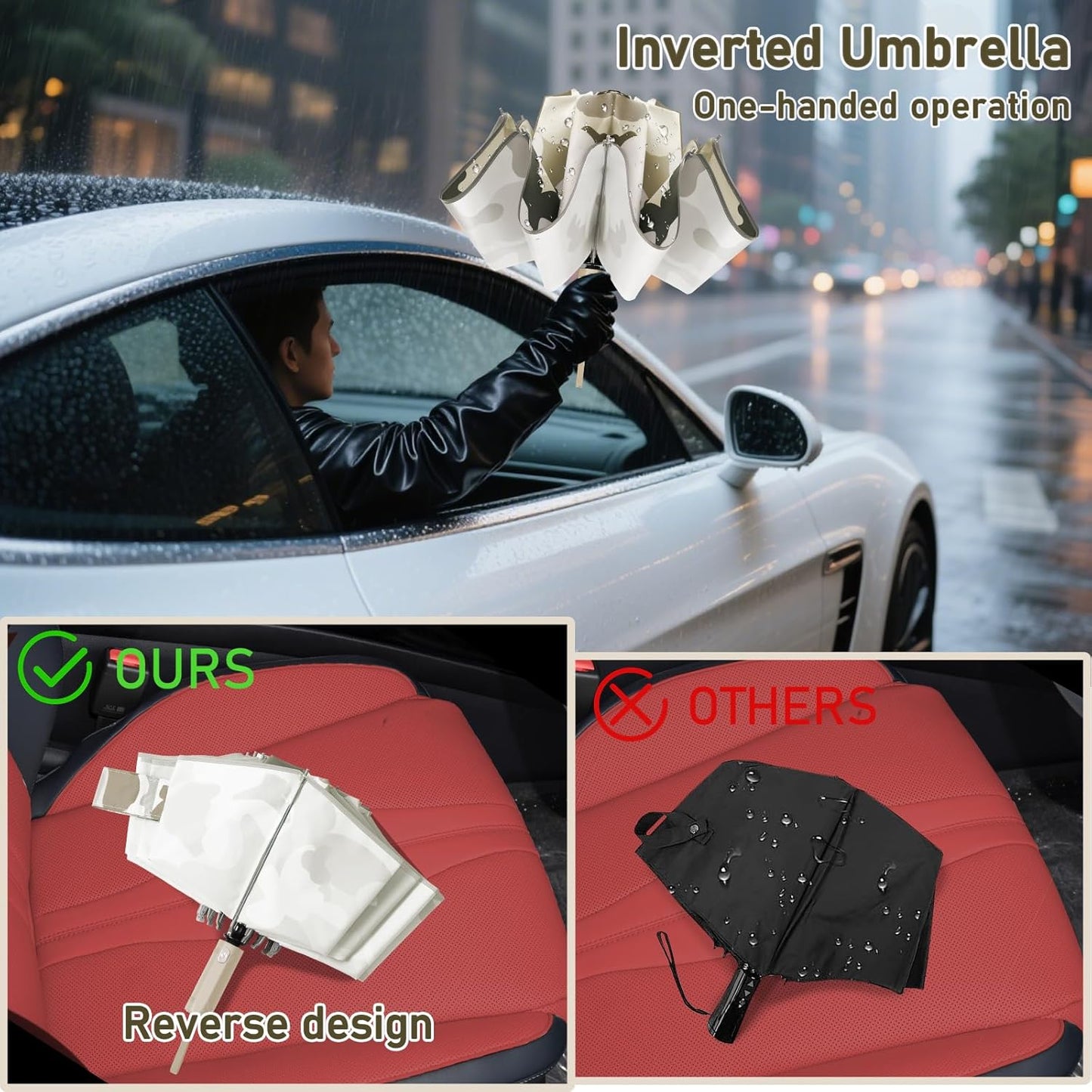 Large Windproof Travel Umbrella, Portable Reverse Folding Rain Umbrella for Car,Women and Men, Durable, Compact Inverted Design with Camouflage Canopy, Fits Backpack, 41.5/13 Inch, Automatic