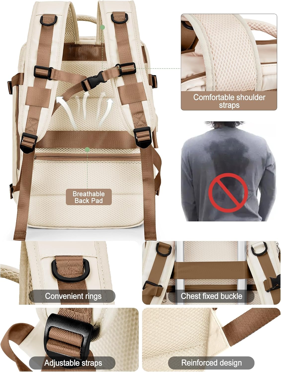 Large Travel Backpack Bag for Women Men,Carry on Backpack,17 Inch Laptop Business Work Waterproof Backpack with Laptop Compartment,Person Item Flight Approved,Mochila de Viaje,Beige with Brown Large