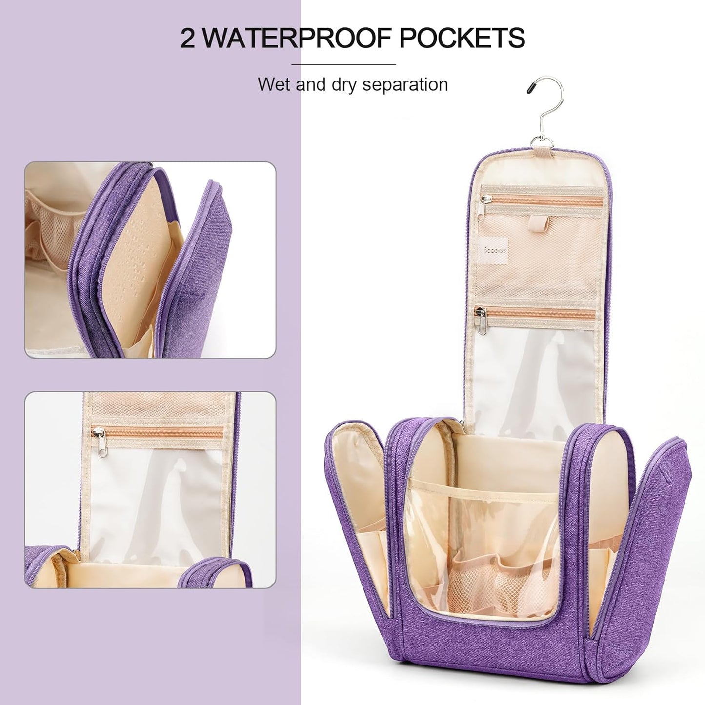 Hanging Travel Toiletry Bag for Women and Men, 6 Organizer Compartments, Large Toiletries essentials, Bathroom Cosmetic Accessories, Water-resistant Makeup Bag, Holds Full-Size Shampoo, Purple