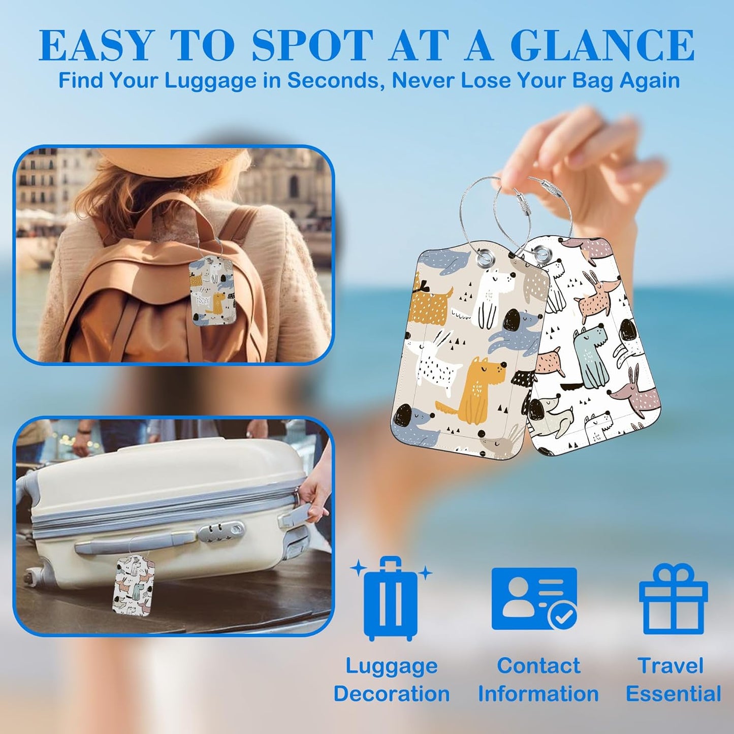 Cute Doodle Dogs Luggage Tags for Suitcases Leather Travel Tags for Luggage ID Label with Privacy Cover and Stainless Steel Loop for Men Women Suitcase Backpack, Set of 2