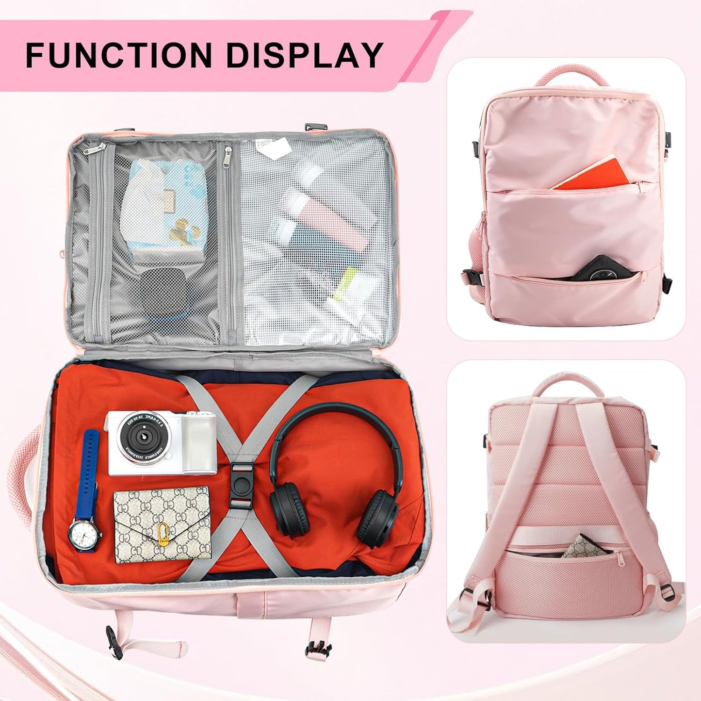 Travel Backpack for Women & Men, Waterproof Carry On Backpack Airline Approved Laptop Backpack Fits 15.6 Inch Laptop, Business Computer Bookbag for Work, College, Travel (Pink, Medium)