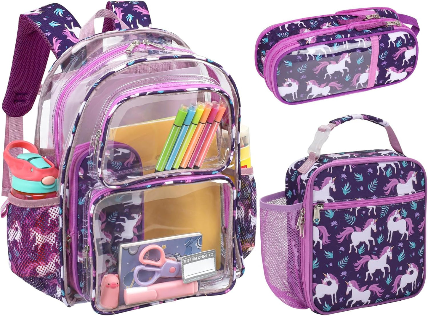 Bagseri 3pcs Clear Backpack for Girls - 15 Inch Backpack and Lunch Bag and Pencil Case Set, Heavy Duty Transparent Bookbag for School, See Through Bag for Kids Aged 3 to 8, Deep Purple Unicorn