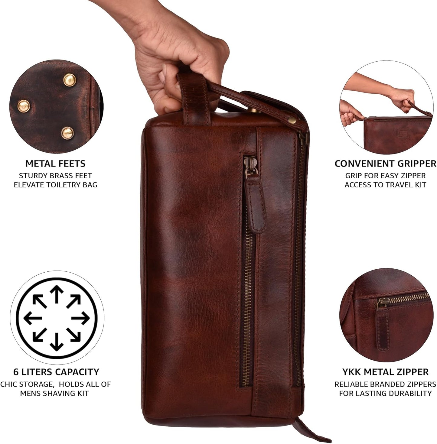 LEATHER VILLAGE Premium Leather Travel Toiletry Bag - Unisex Water-Resistant Travel Bag for