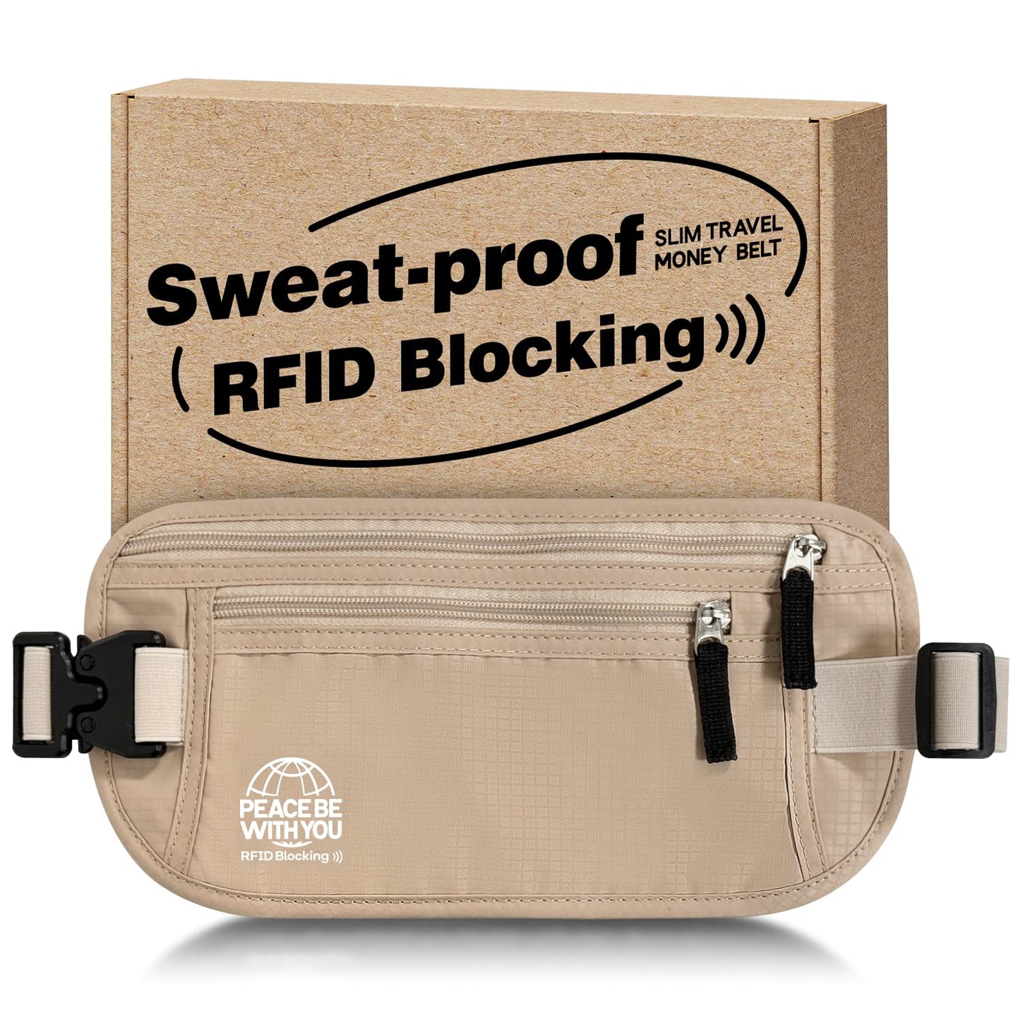 Money Belt for Travel, Passport Holder, RFID Blocking, Sweat-Proof, Beige