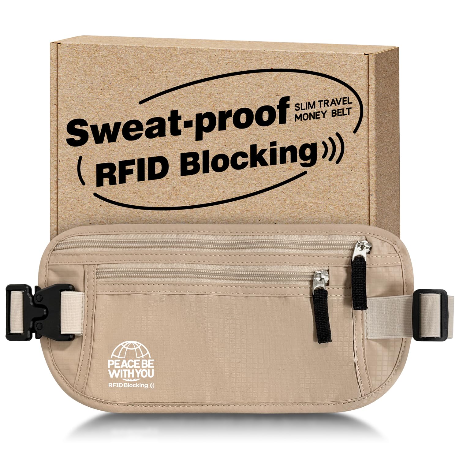 Money Belt for Travel, Passport Holder, RFID Blocking, Sweat-Proof, Beige