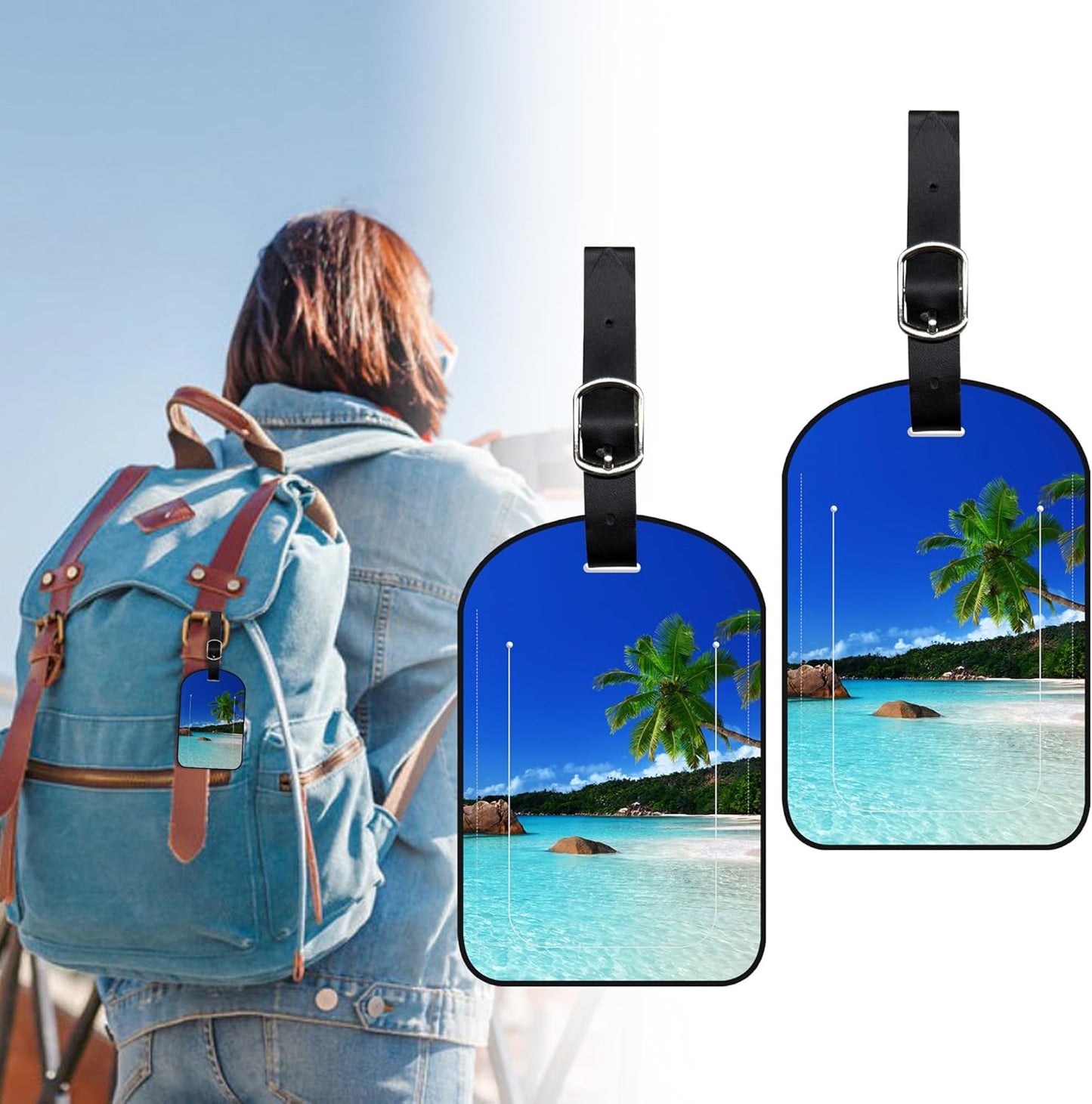 2 Pack Luggage Tags Island's Beach PU Leather Baggage Handbag Suitcase Tags with Secure Strap Privacy Cover ID Labels,Business Travel Baggage Tag Identifier