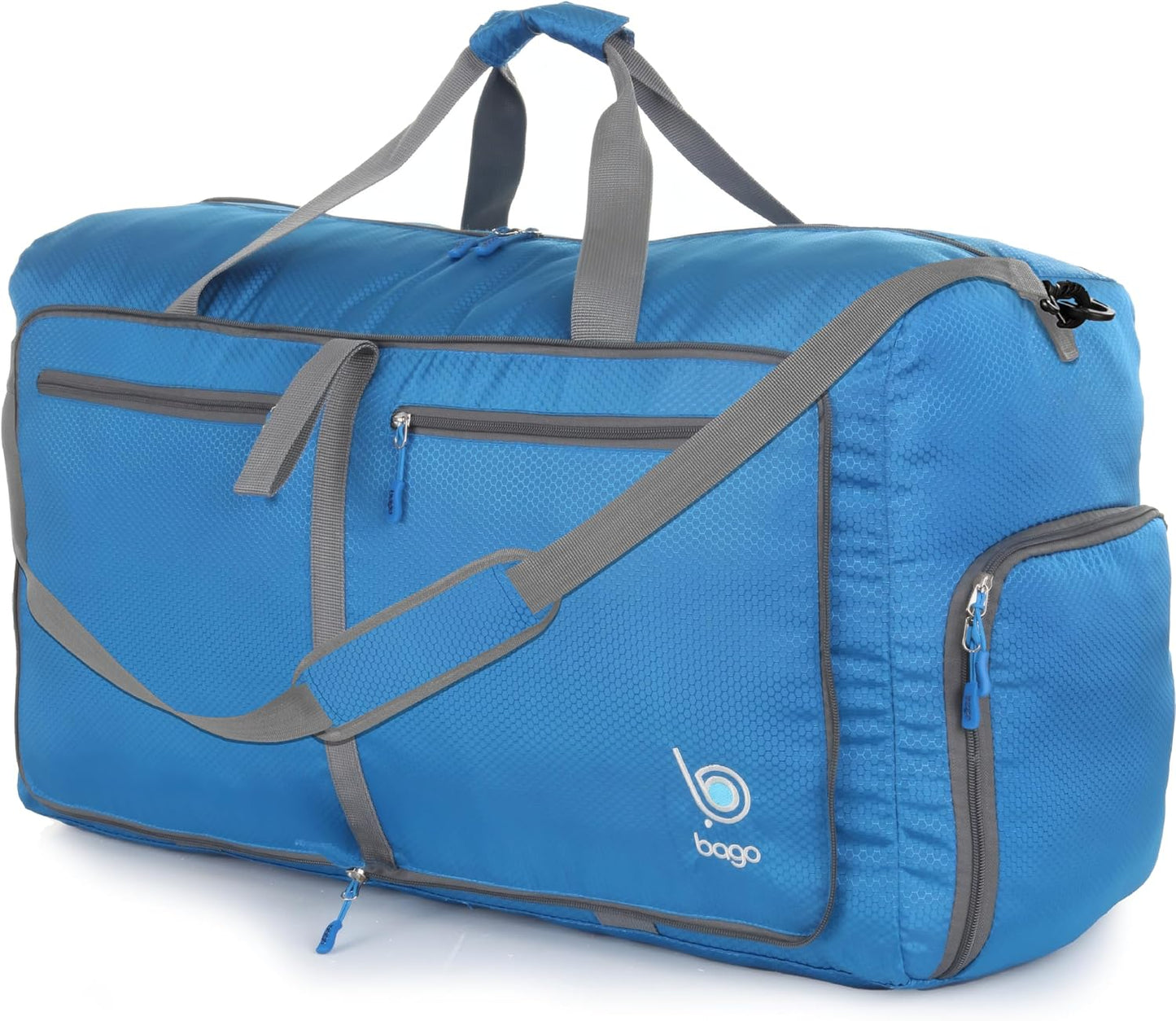 Bago Foldable Duffel Bags for Traveling Women & Men - 60L Medium Packable Duffle Bag for Travel with Shoe Compartment - Water Repellant, Heavy Duty, Lightweight Folding & Collapsible (Blue)
