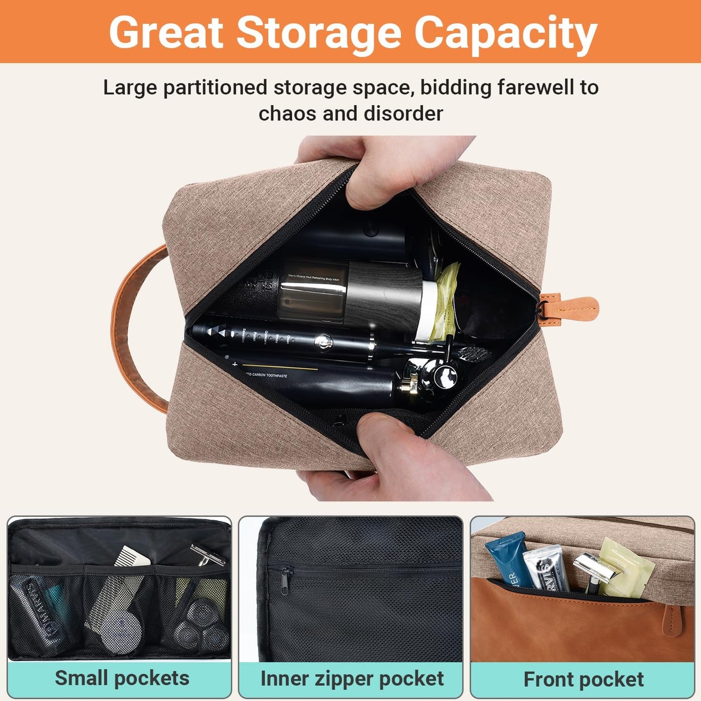 Elviros Travel Toiletry Bag for Men, Hanging Toiletries Bag Water Repellent Dopp Kit PU Leather Travel Bag for Toiletries Accessories, Khaki