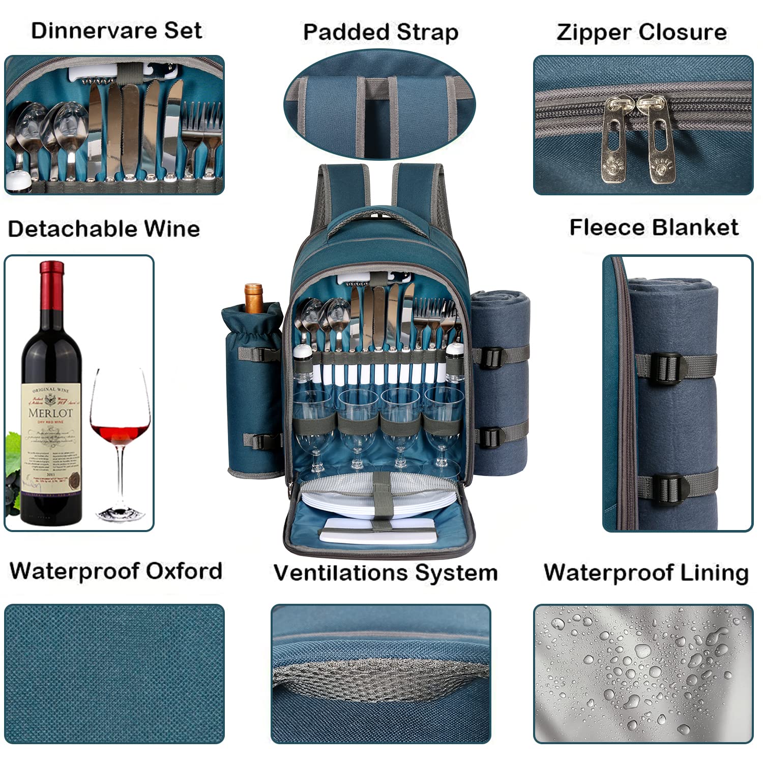 Hap Tim Picnic Basket Backpack for 4 Person with Blanket, Wine Holder, Cooler Compartment, Cutlery