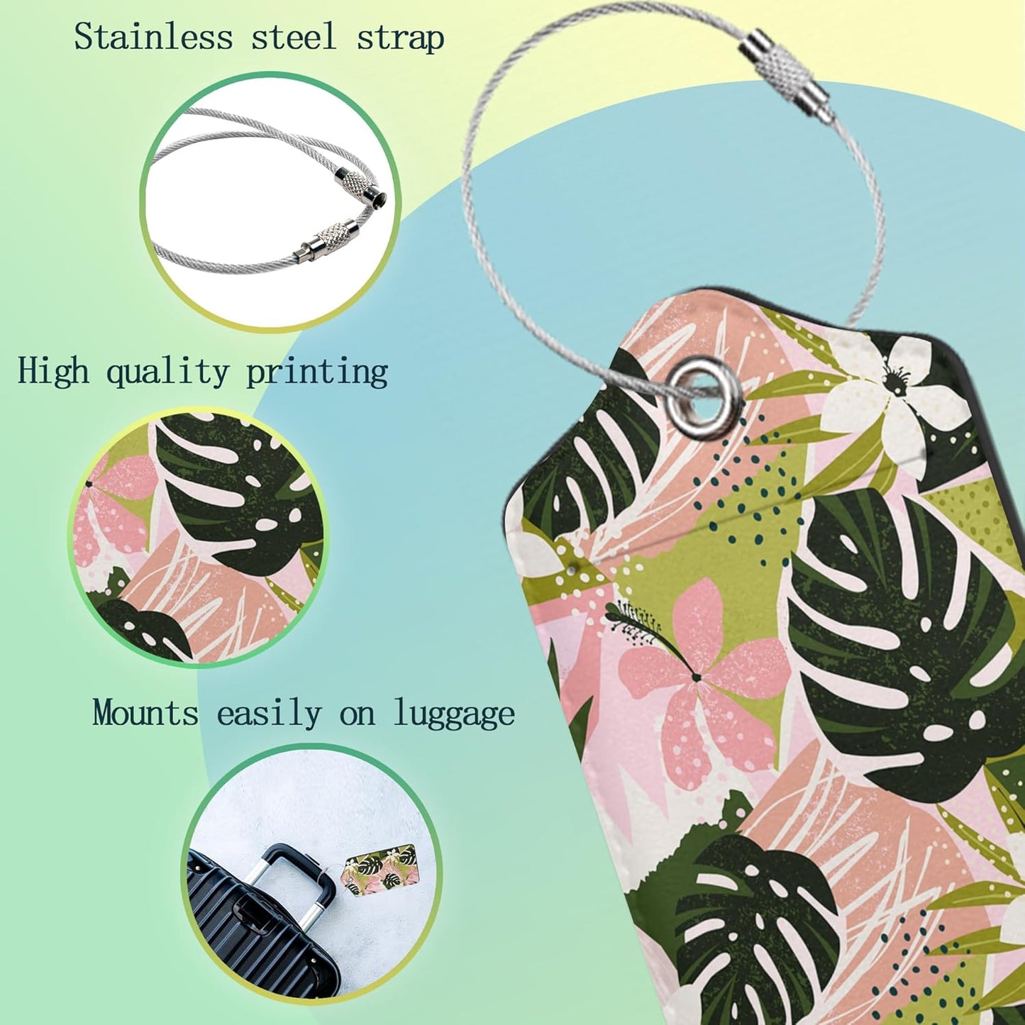 Luggage Tags for Suitcase,2 Pack Boho Flowers Tropical Leaves Luggage Tag PU Leather Privacy Cover ID Label with Stainless Steel Loop for Women Men Teens Travel