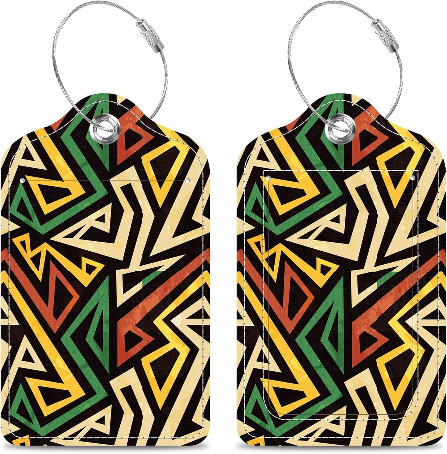 Set of 2 Luggage Tags Geometric Pattern with Grunge Effect Leather Suitcases Tag with Privacy Cover Stainless Steel Loop and Address Card for Women Men Travel