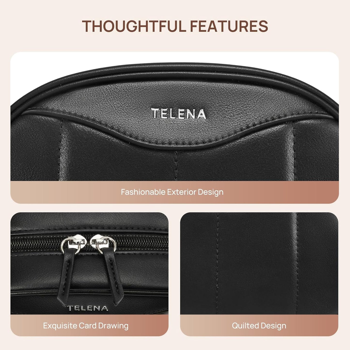 Telena Medium Makeup Bag, Travel Make Up Bag for Women, Vegan Leather Cosmetic Bag for Travel Essentials