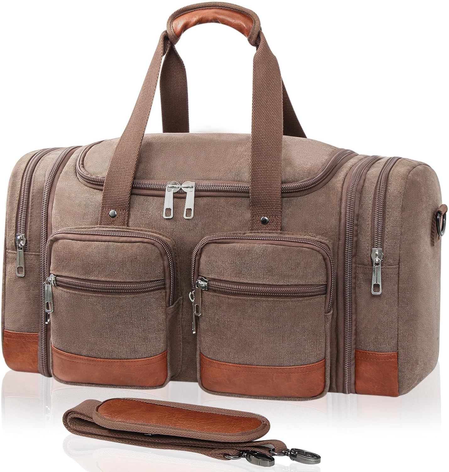 Canvas Duffle Bag For Travel, 50L Expandable Carry on Overnight Travel Duffel Bags with Laptop Compartments Weekend Gym Bag for Men(Coffee)