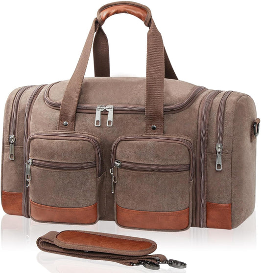 Canvas Duffle Bag For Travel, 50L Expandable Carry on Overnight Travel Duffel Bags with Laptop Compartments Weekend Gym Bag for Men(Coffee)