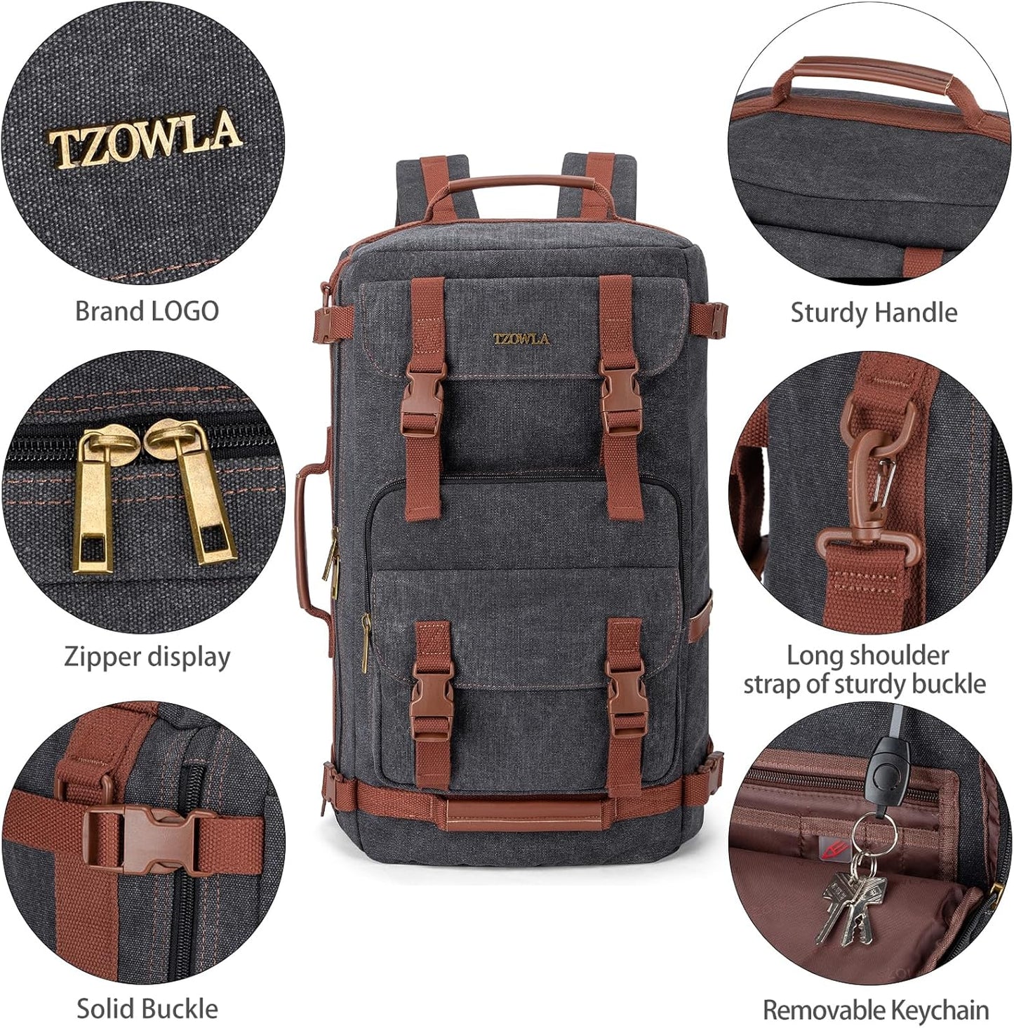 Tzowla Canvas Travel Backpack Carry on Flight Approved,Large Vintage Messenger Bag,3-in-1 Convertible Backpacks Duffel Bag,Personal ltem Laptop Rucksack for Men and Women Fit 17 Inch Laptop(Black)