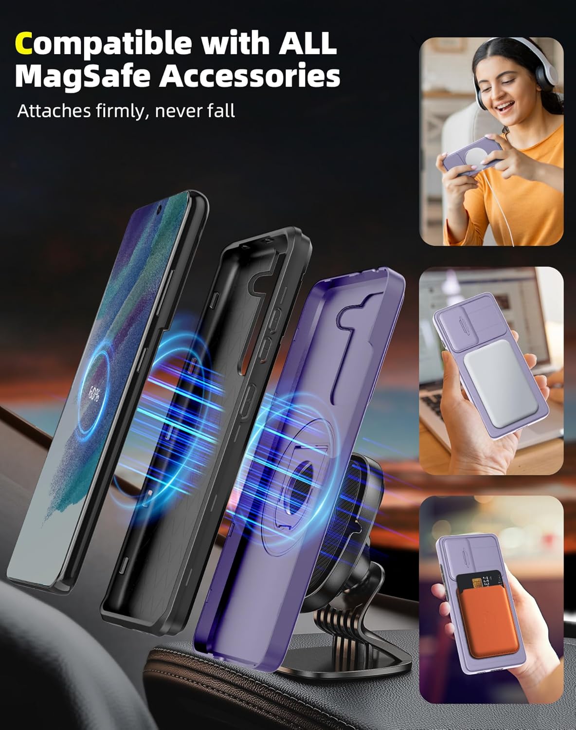 for Samsung Galaxy s21FE Case Magnetic Compatible with MagSafe Wireless Charging,with 2 Screen Protectors,Built-in Stand Ring+Camera Cover Anti-Scratch Shockproof Heavy Duty Protection Purple