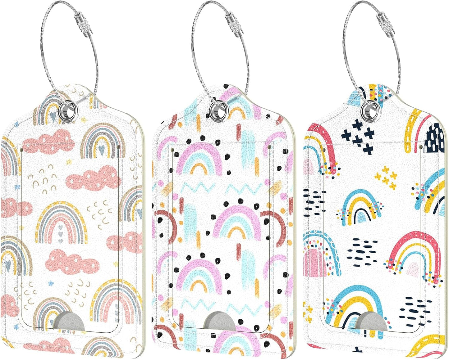 Rimilak 3 Pcs PU Leather Luggage Tags for Suitcase, Travel Cruise Luggage Tag with Privacy Flap, Name ID Label and Metal Loop for Women Men Baggage Handbag School Bag Backpack, Rainbow