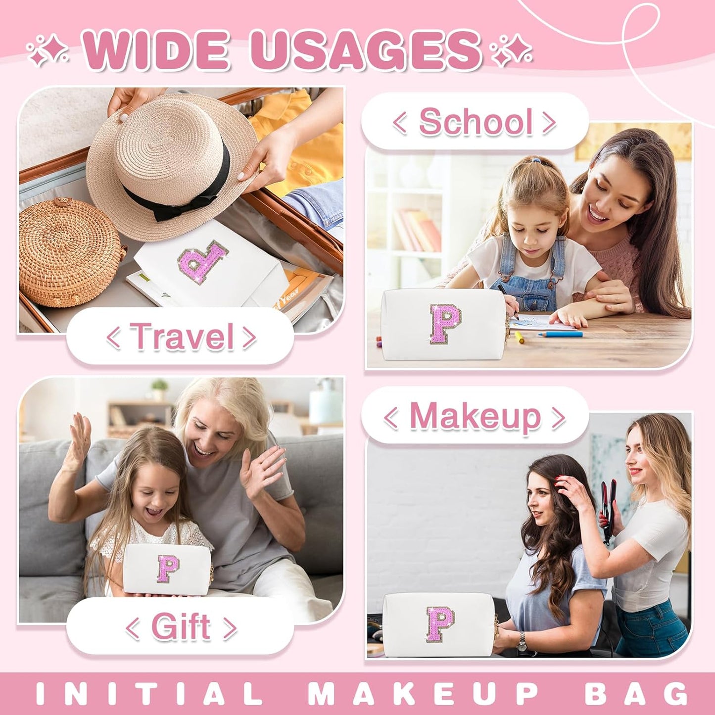 Small Initial Patch Makeup Bag Personalized Gifts Make Up Bag,White Cute PU Leather Glitter Letter Cosmetic Bag with Zipper,Trendy Portable Travel Toiletry Pouch,Preppy Stuff for Teen Girls Women P