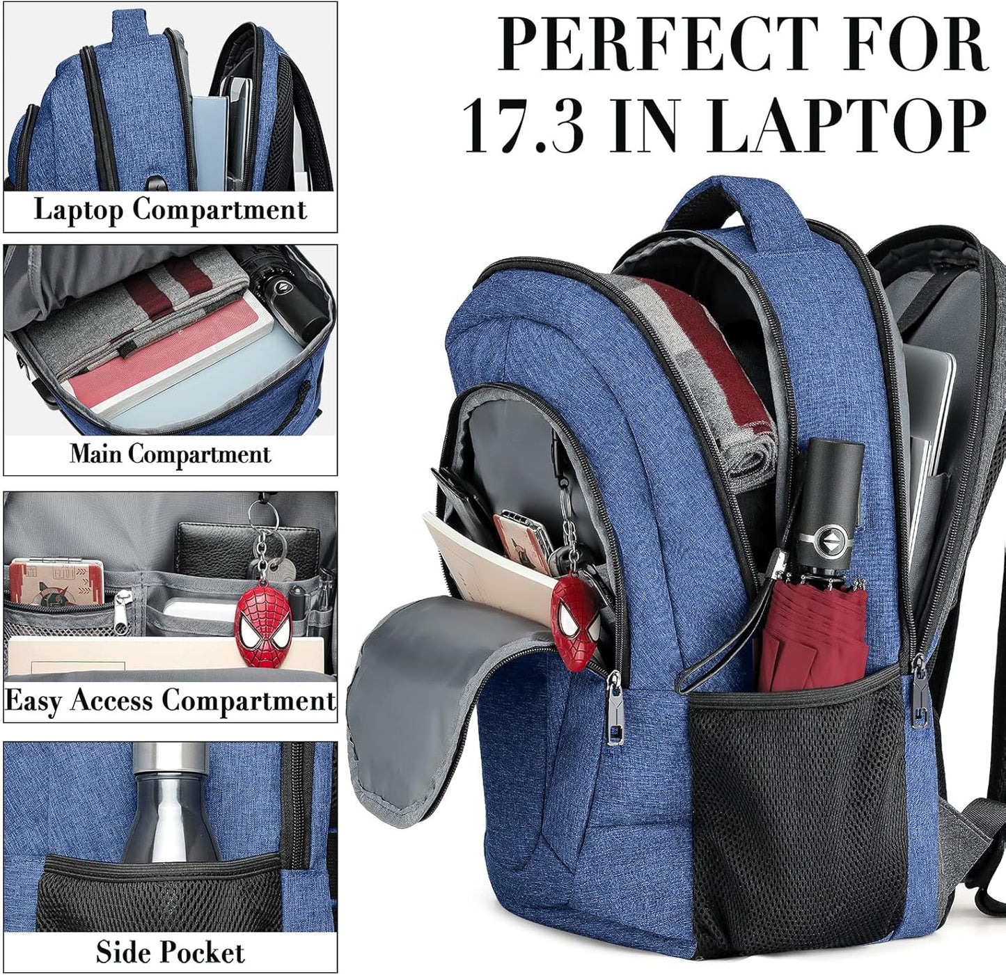 Backpack for Women and Men, Extra Large School Backpacks for Teens, Water Resistant Back Pack with USB Charging Port Fits 17 Inch Laptop, Business Anti Theft Sturdy Computer Bag Gifts, Blue