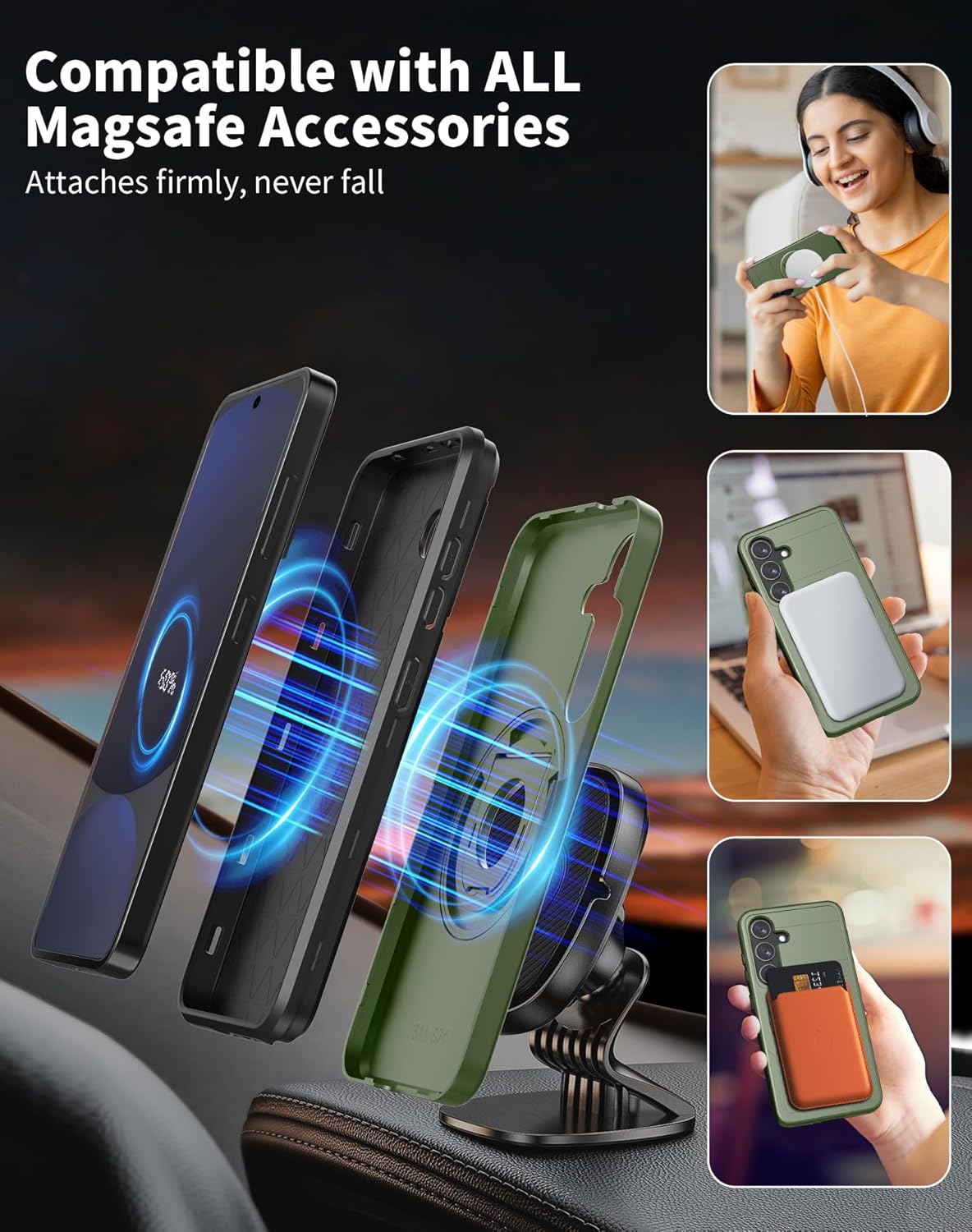 for Samsung Galaxy S24 FE Case Magnetic Compatible with MagSafe Wireless Charging,with 2 Screen Protectors,for S24 FE Case with Stand Ring Anti-Scratch Shockproof Heavy Duty Protection Green