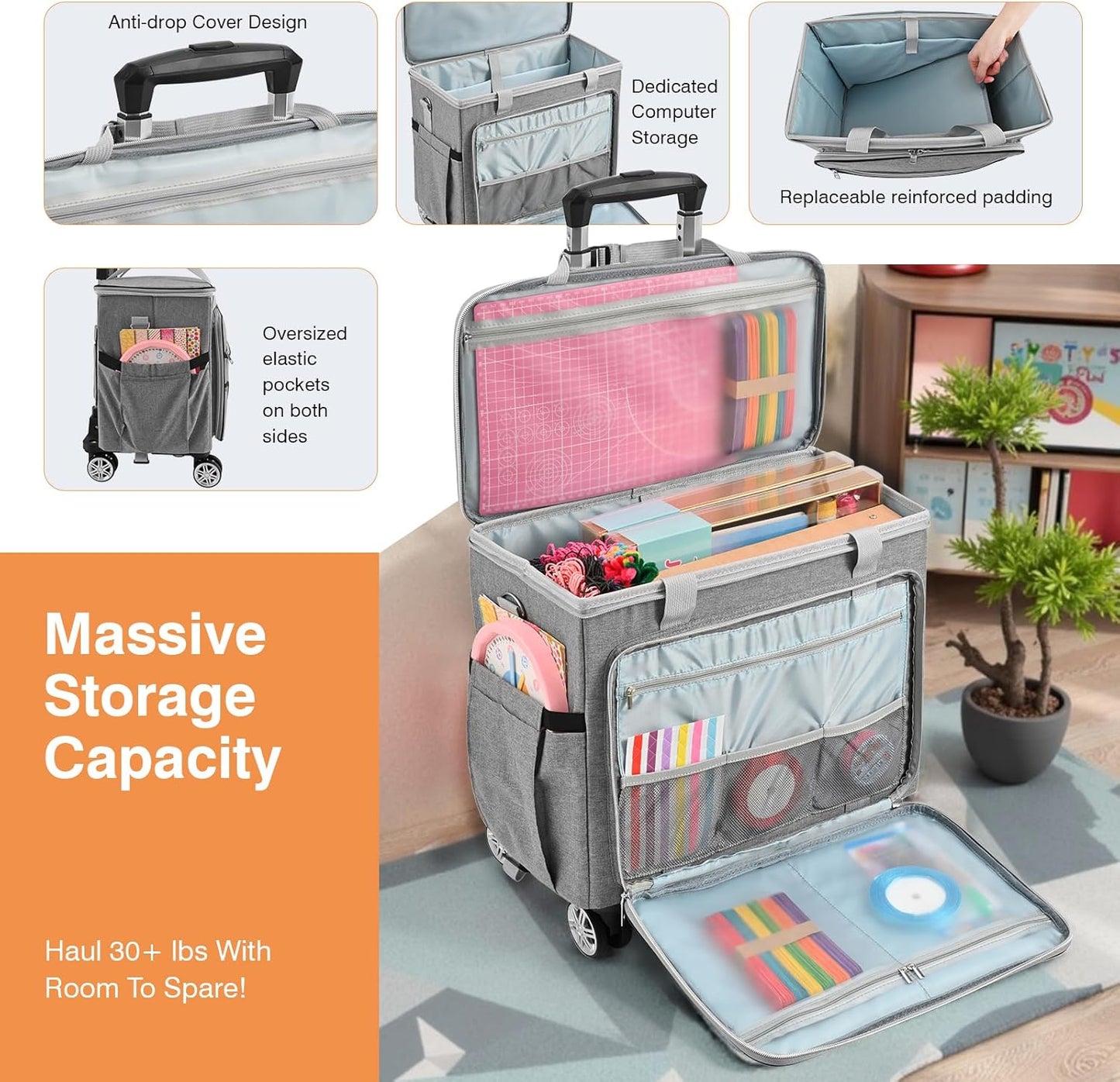 Rolling Tote Bag for Women Teacher Bag Rolling Cart Briefcase with Wheels Carry on Wheeled Bag for Work,Office,Craft Grey