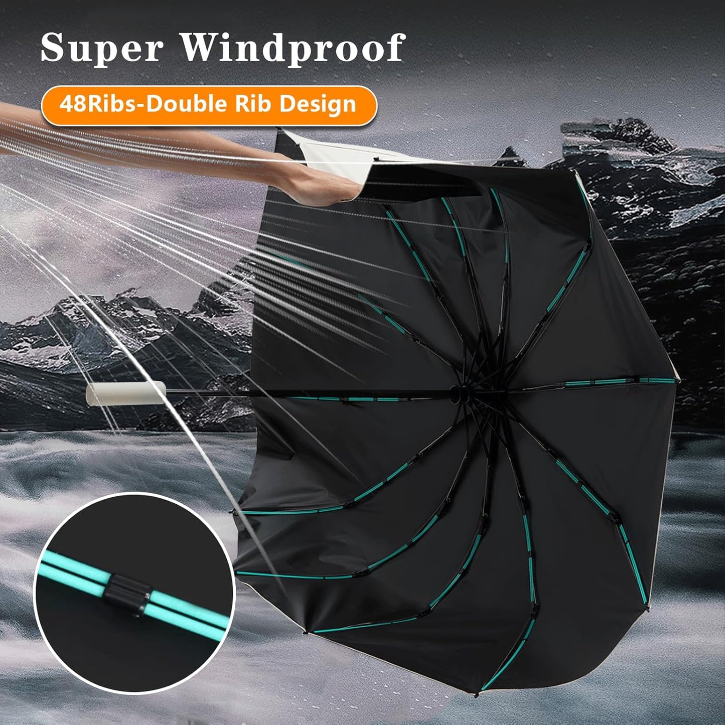Large Double-Ribs Umbrella Automatic Folding Umbrella for Women Men, Travel, UPF 50+ UV Protection,46-Inch, 12 Ribs, Light Green