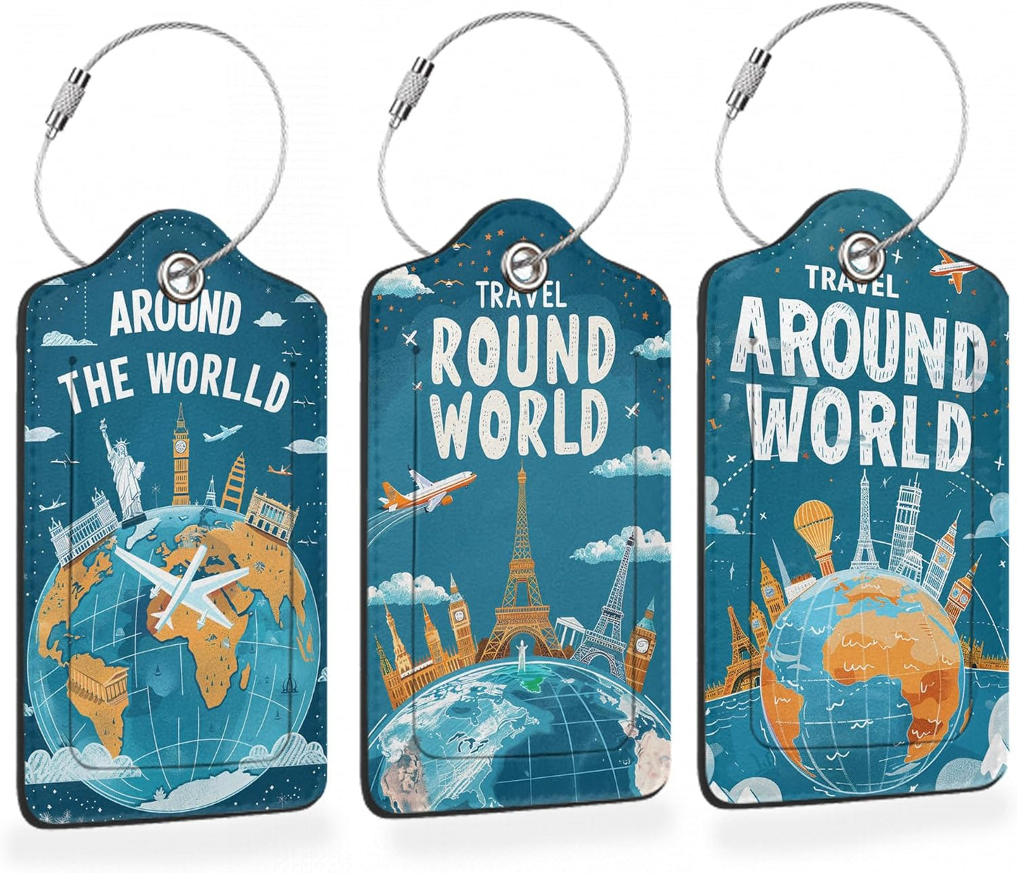 Around The World Travel Art 3 PCS Luggage Tags, Flight Map Leather Suitcase Tags with Privacy Cover