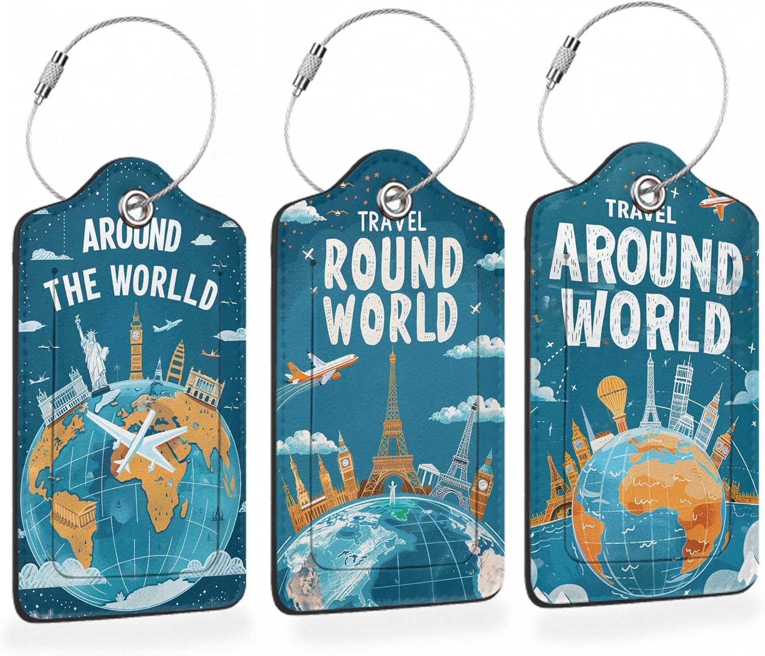 Around The World Travel Art 3 PCS Luggage Tags, Flight Map Leather Suitcase Tags with Privacy Cover
