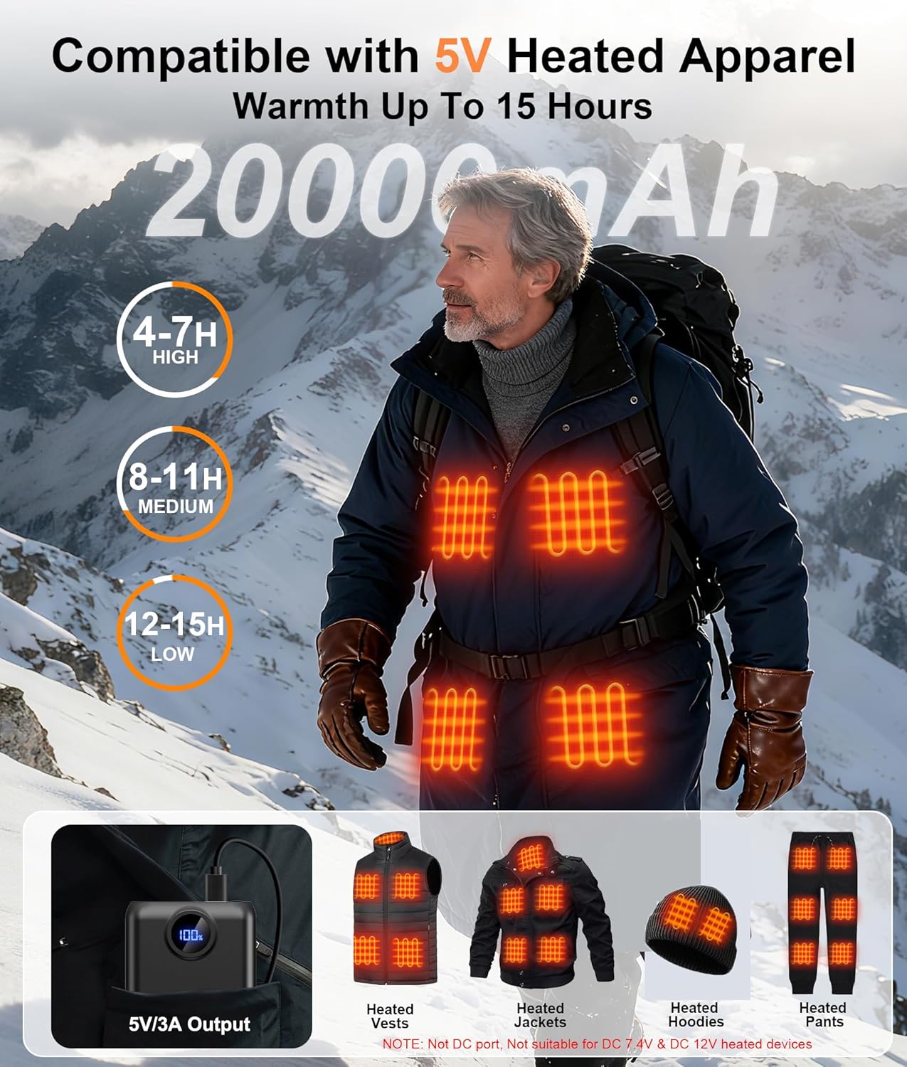 𝟓𝐕 𝟐𝟎𝟎𝟎𝟎𝐦𝐀𝐡 Heated Vest Battery Pack Compatible with Soleilwear USB Apparel, Portable Power Bank for Heated Vests Hoodies, Phones, Camping Chair with Digital Screen (NOT for DC 7.4V/12V)