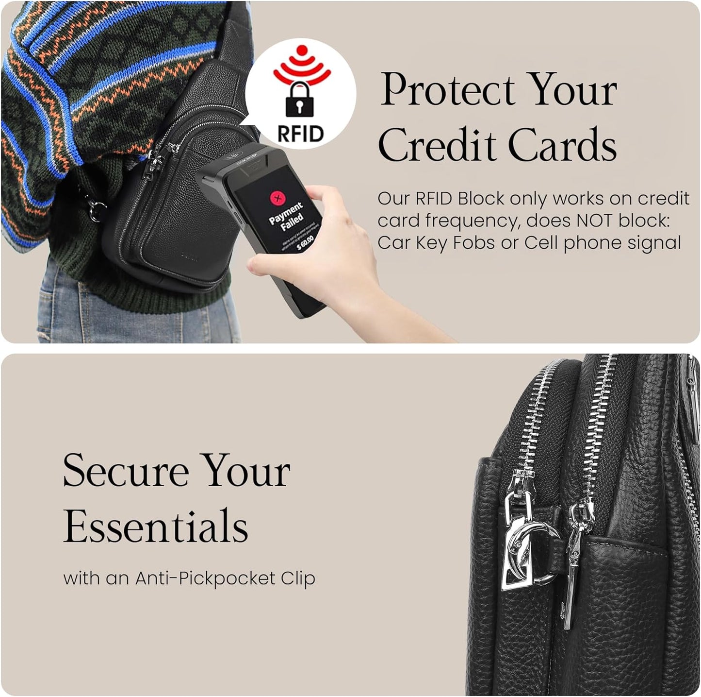 befen Genuine Leather Small Sling Bag for Women Anti-Theft Crossbody Chest Bags Fanny Packs for