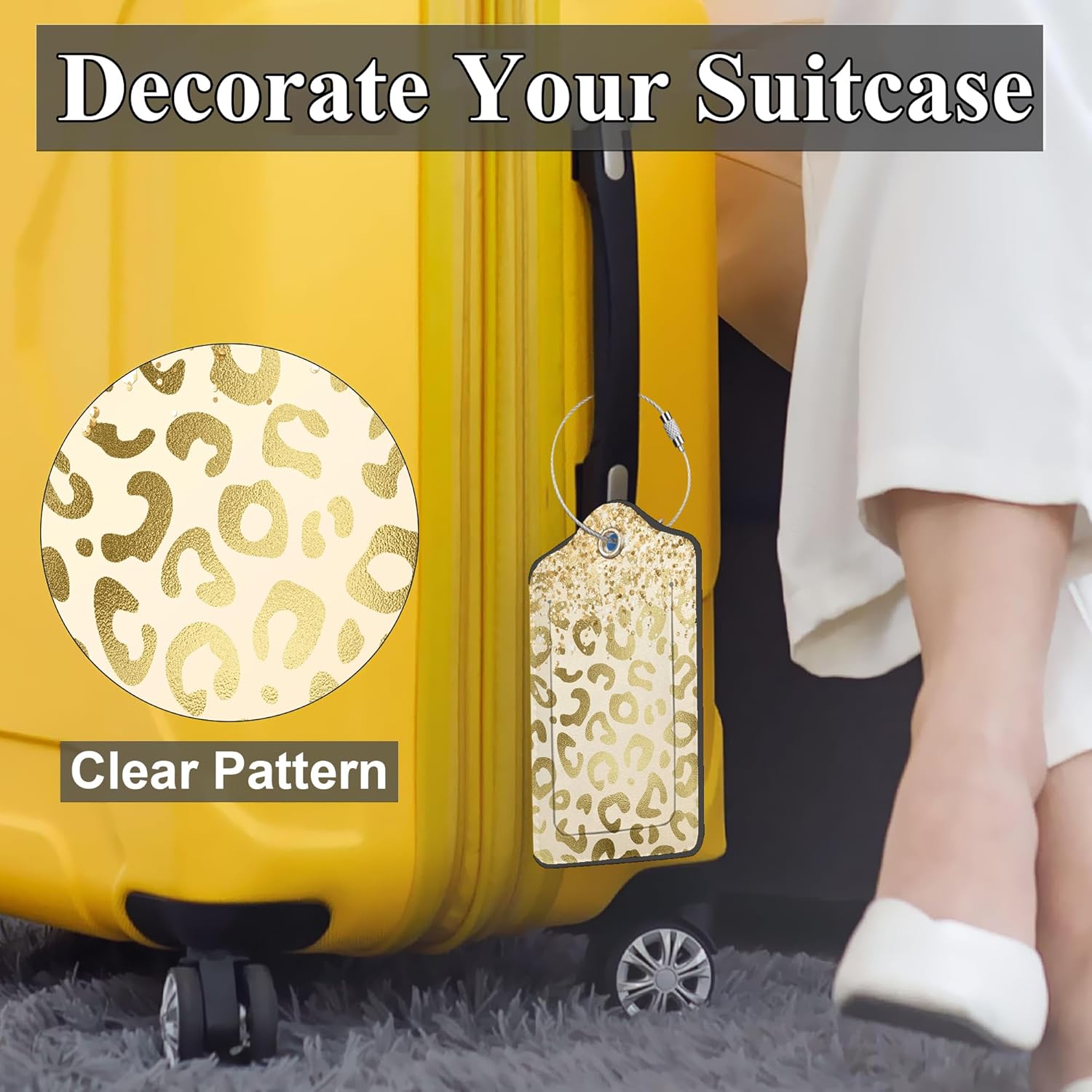 Golden Leopard Print 2 Pack PU Leather Luggage Tags with Stainless Steel Loop, Funny Travel Labels