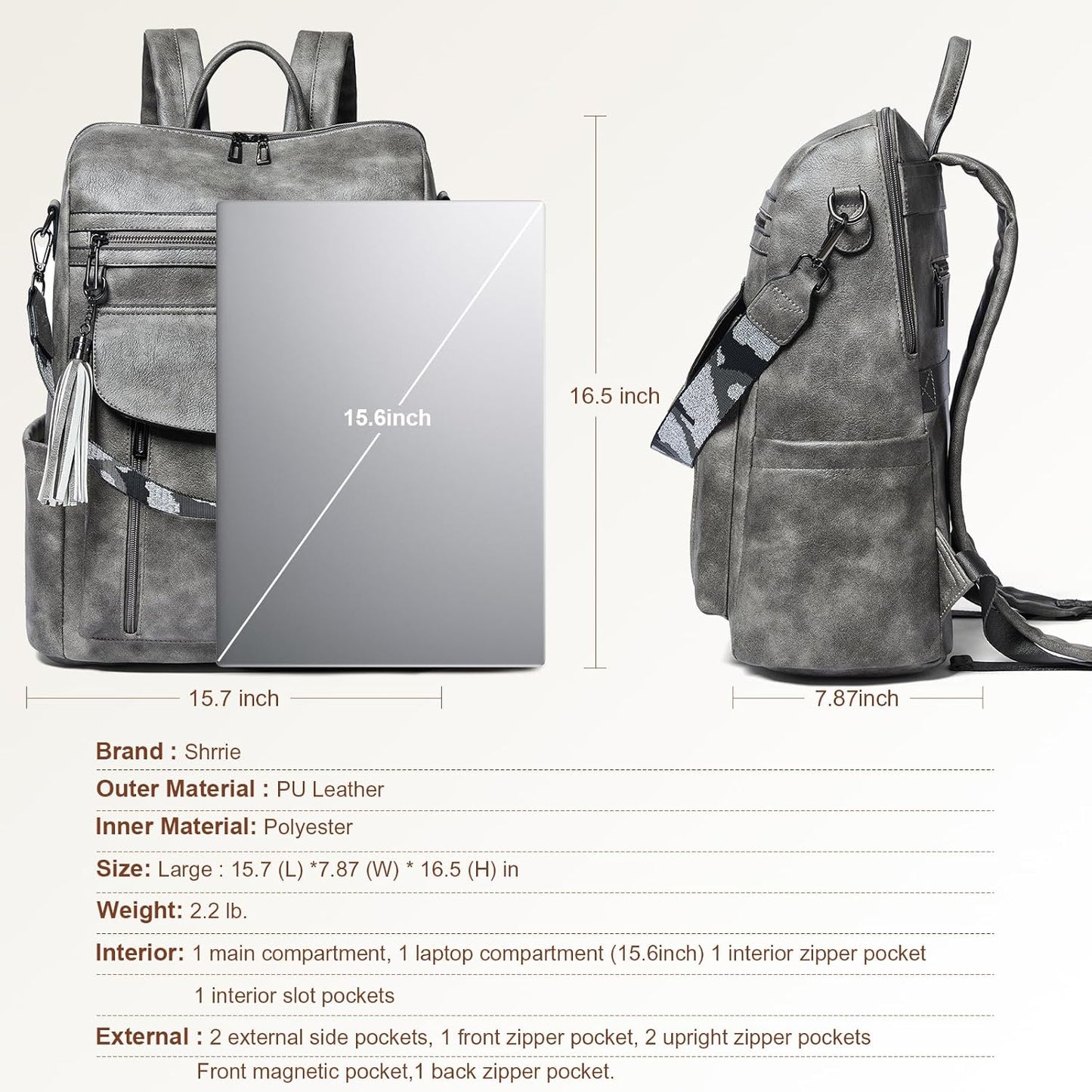 Shrrie Laptop Backpack for Women 15.6 inch,Travel Leather Backpack Purse Nurse Teacher Carry on