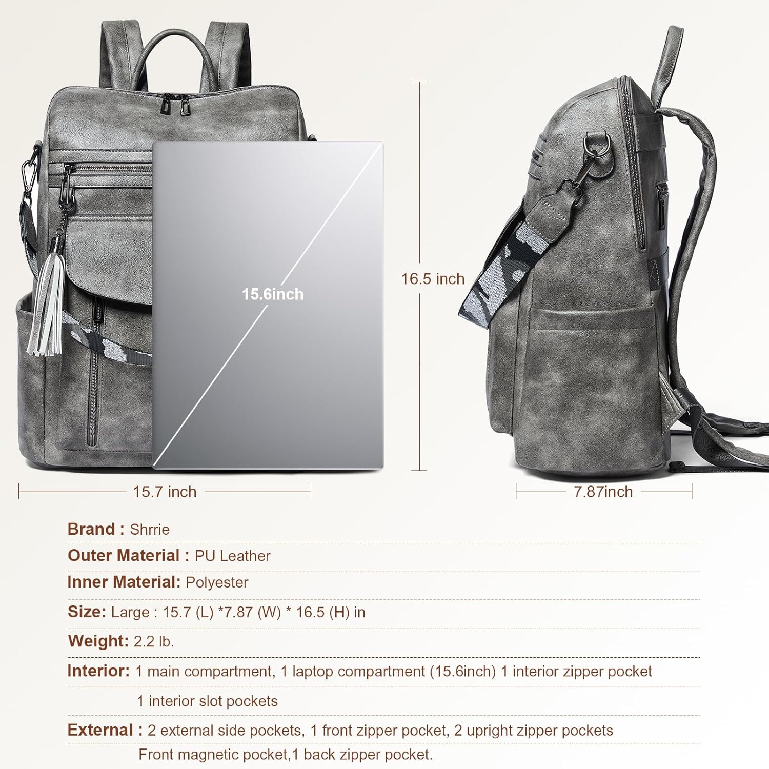 Shrrie Laptop Backpack for Women 15.6 inch,Travel Leather Backpack Purse Nurse Teacher Carry on