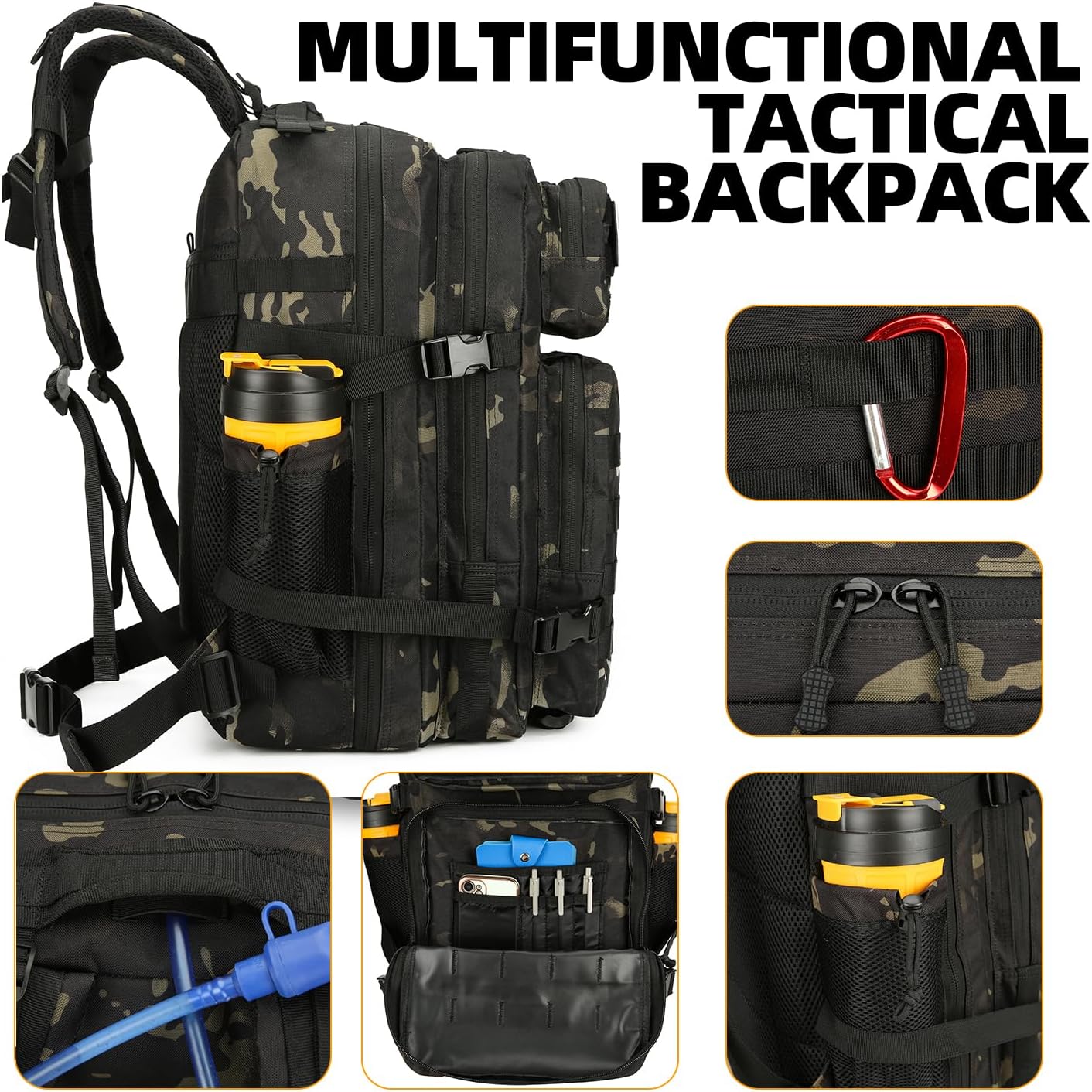 25L Tactical Backpack for Men and Women Military Backpack Army Assault Pack Molle Backpack Small Bug Out Bag Travel Rucksack Daypack (Black Camo)