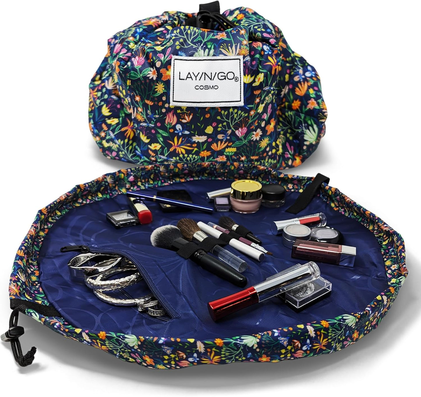 Lay-n-Go Cosmo Layflat Drawstring Cosmetic & Makeup Bag Organizer - Portable Drawstring Makeup Bag w/Zipper Pocket, Loops & More -Durable, Machine Washable Toiletry Bag (20", Butterfly Small Floral)
