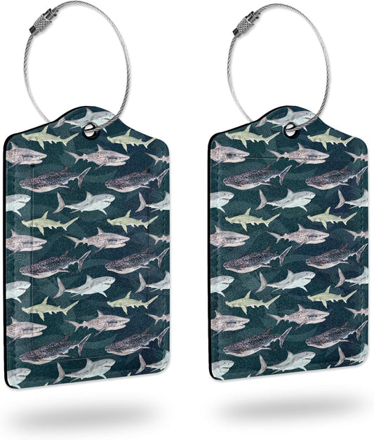 Luggage Tags for suitcases,2 Pack Cute Shark Luggage Tag,Leather Stainless Steel Loop Label Tag for Women Men Girls Travel Bag Suitcase