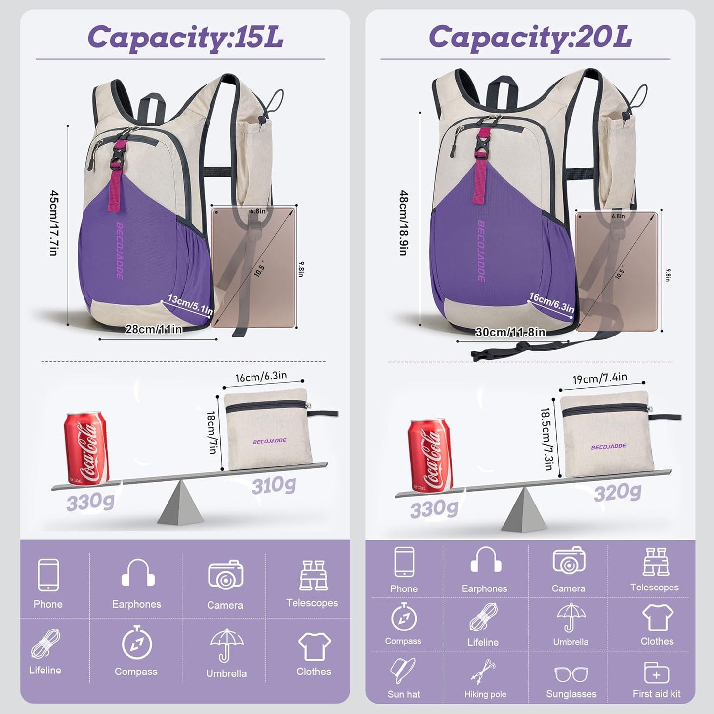 20L Small Hiking Backpack for Men Women Foldable Packable Back Pack Ultralight Hiking Daypack for Travel Camping Outdoor, Beige Purple